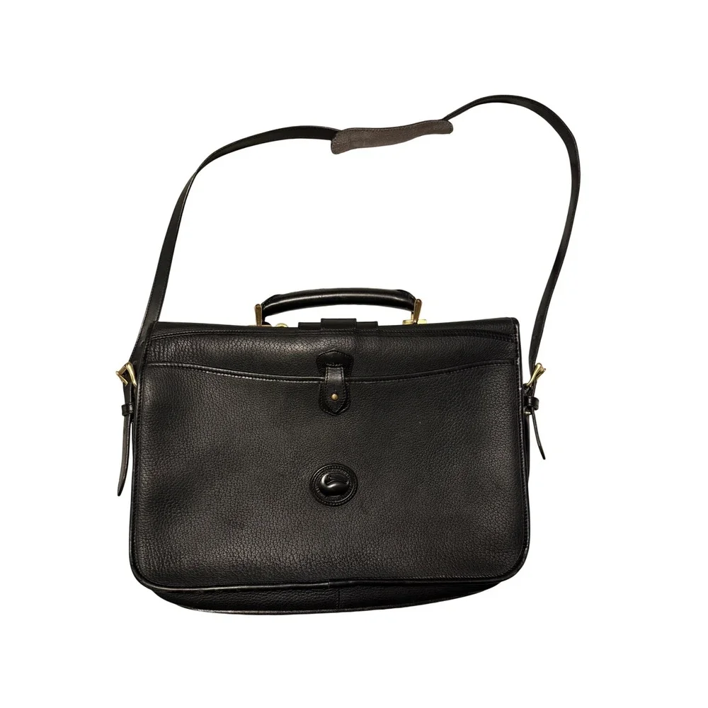 Dooney‎ & Bourke All Weather Leather Briefcase Messenger Bag Black Vintage Brass